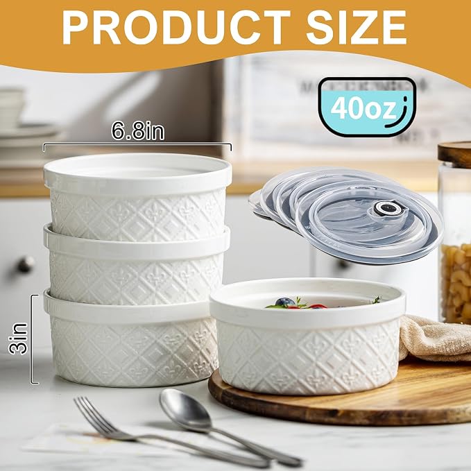 40oz Large Ceramic Mixing Bowls with Lids Set of 4, Ramekin Bowls Oven Safe, Serving Bowls with Lids, Meal Prep Containers, Airtight Food Storage Containers Set for Housewarming, White - Image 6