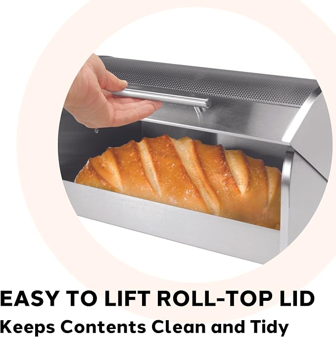 Oggi Stainless Steel Roll Top Bread Box for Kitchen Countertop with Tempered Glass Lid - Fits Multiple Large Loaves of Bread and Other Freshly Baked Goods Including Cookies, Bagels, Muffins - Image 6
