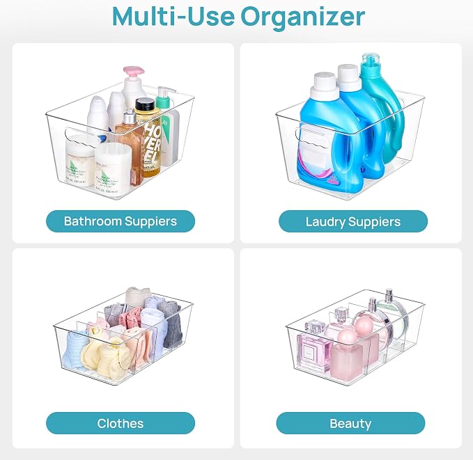 Vtopmart 8 Pack Clear Storage Bins Set for Pantry Organizer | 4 Large Pantry Bins with Handle and 4 Medium Snack Organizer Bins with 4-Compartment for Pantry, Kitchen, Fridge, Cabinet - Image 6