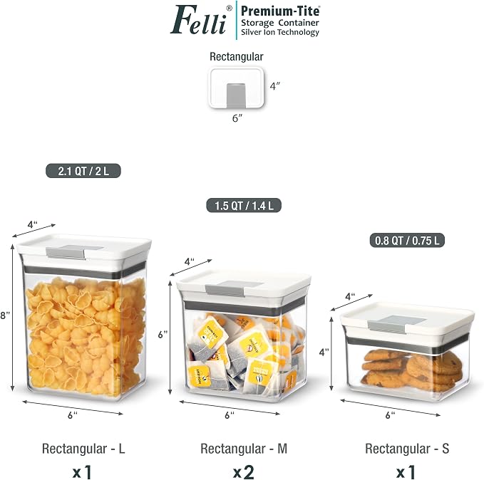 Felli Premium Tite Airtight Storage Container Set, 4 Pack - Clear Plastic Canisters with Easy Flip Lock Lids, Stackable Kitchen Pantry & Bathroom Organizer for Snacks, Dry Goods, Makeup, BPA Free - Image 2