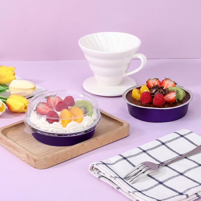Beasea 4 Inch Pie Tins with Lids, 50 Pack 7.3 Oz Disposable Mini Tart Tins, Aluminum Foil Baking Tins Small Round Muffin Container Mini Cheesecake Cups for Pie Tart Quiche - Violet Purple - Image 6