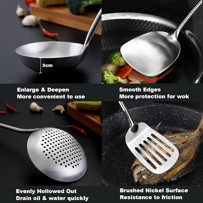 Wok Utensils for Carbon Steel, Stainless Steel Wok Spatula 17 Inch | Extra long wooden handle-Anti-scald;Wok Tools Professional Set;Great for home use and commercial use; - Image 4