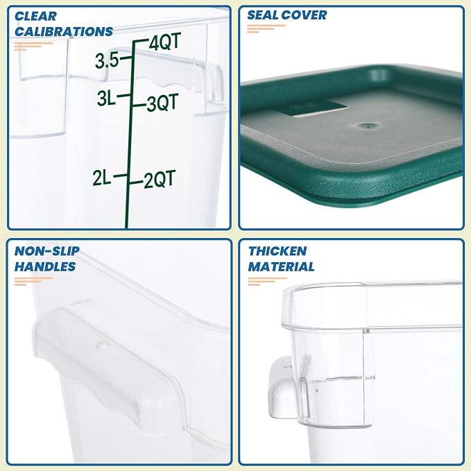 BIEAMA 4 Pack 4 Qt Square Food Storage Containers with Lids, NSF, Clear | Commercial polycarbonate containers with scale markings and handles; stackable for prep, brining, fermentation & bulk storage - Image 3