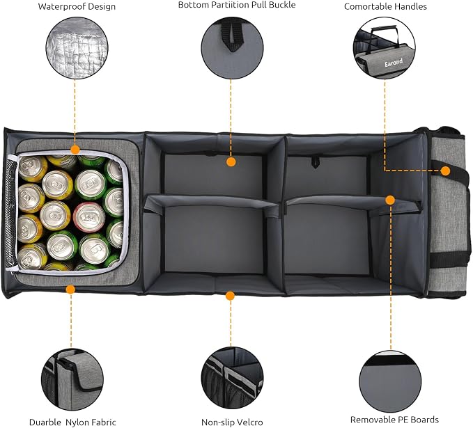 Collapsible Trunk Organizer with Insulated Leakproof Cooler Bag,Removable Lid,Adjustable Securing Straps,3 Compartments Trunk Organizer for SUV,Truck,Sedan(Light Grey) - Image 3