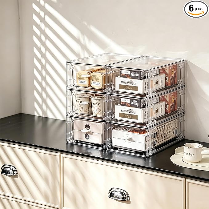 Clear Acrylic Stackable Storage Drawers, Plastic Refrigerator Organizer Bins with Handles for Undersink, Cabinet, Fridge, Closet, Pantry, Office, Bathroom, Kitchen(6 Pack) by PiJeyiee