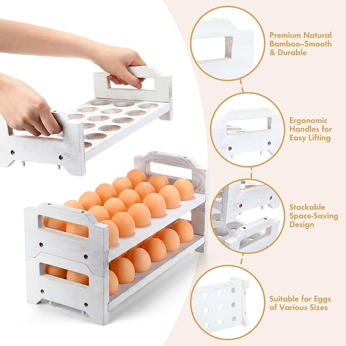 Reallnaive 4 Tier Wooden Egg Holder for Countertop, Stackable Fresh Egg Storage Farmhouse Collecting Rack for Gathering Kitchen Organizer Duck Eggs Display, Stackable with 72 Eggs (White,Pine) - Image 3