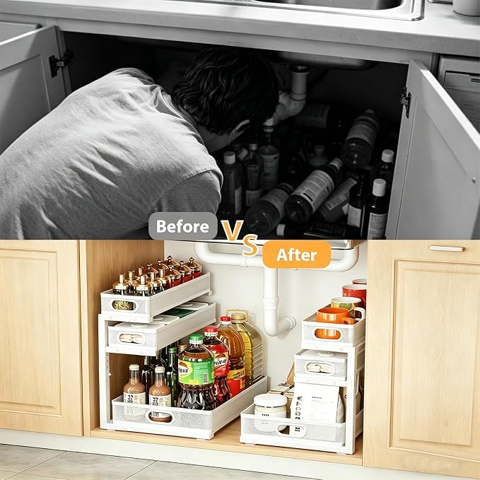 2 Pack Under Sink Organizer, 3-Tier Pull Out Kitchen Cabinet Organizer with 5 Adjustable Heights Metal Slide Out Bathroom Storage Makeup Drawer Rack for Bedroom Office Pantry Home Organization, White - Image 5