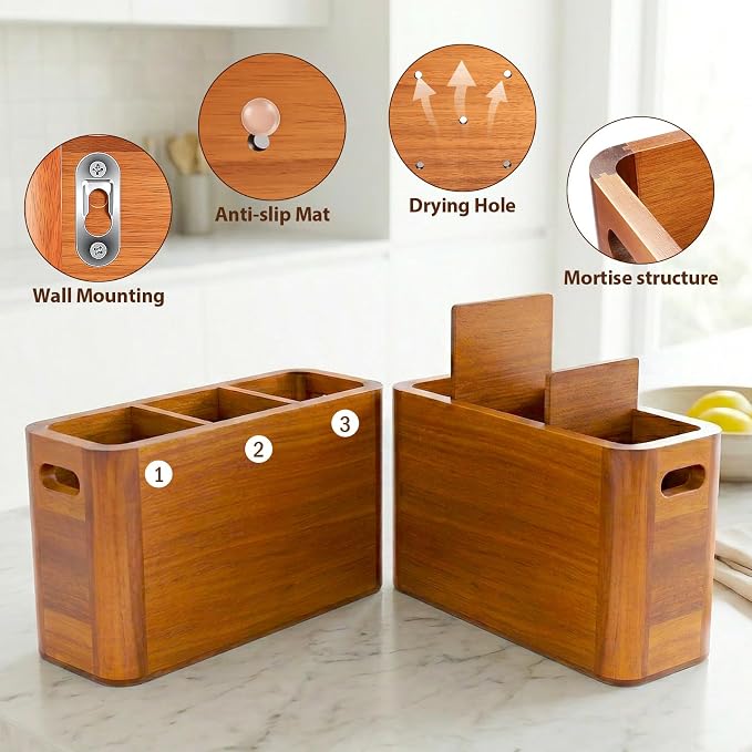 Kitchen Utensil Holder for Counter and Countertop, Acacia Utensil Organizer for Wooden Spoon Set, Large Drying Holder for Kitchen, 3-Compartment Storage for Cooking Utensils, Kitchen Decor - Image 6