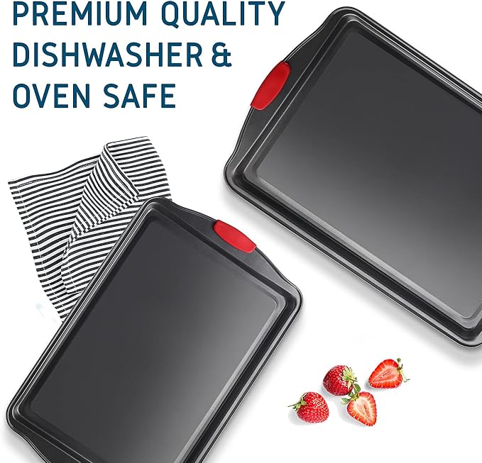 Baking Sheet, 2PC Cookie Sheet Set with Silicone Handles, Nonstick Steel Baking Pan, Baking Sheets for Oven, BPA Free Baking Pans Set, Cookie Sheets– Black Bakeware, Small & Medium - Image 6