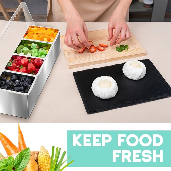 Boao 4 Slot Yakumi Pan Stainless Steel Condiment Tray Garnish Tray with 4 Ice Boxes Condiment Container with Lid for Spring Easter Party Hot Pot Sauce Station Bar Drink Topping Prep Station Supplies - Image 7