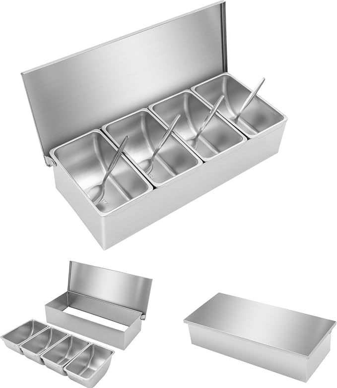 Pizza Topping Station Stainless Steel Spice Organizer Rack Condiment Caddy | Seasoning Container Removable Ingredient Holder, Pizza Oven Accessories with Lid for Grill Table Cart, Kitchen& Buffet by kunghei