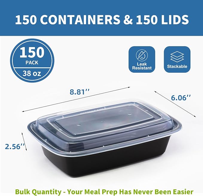 38oz Meal Prep Containers, 150 Sets Disposable Food Storage Boxes with Lids | BPA-free Plastic, Microwave, Dishwasher And Freezer Safe, Ideal For Restaurant Takeout And Household Leftover Food Storage - Image 2