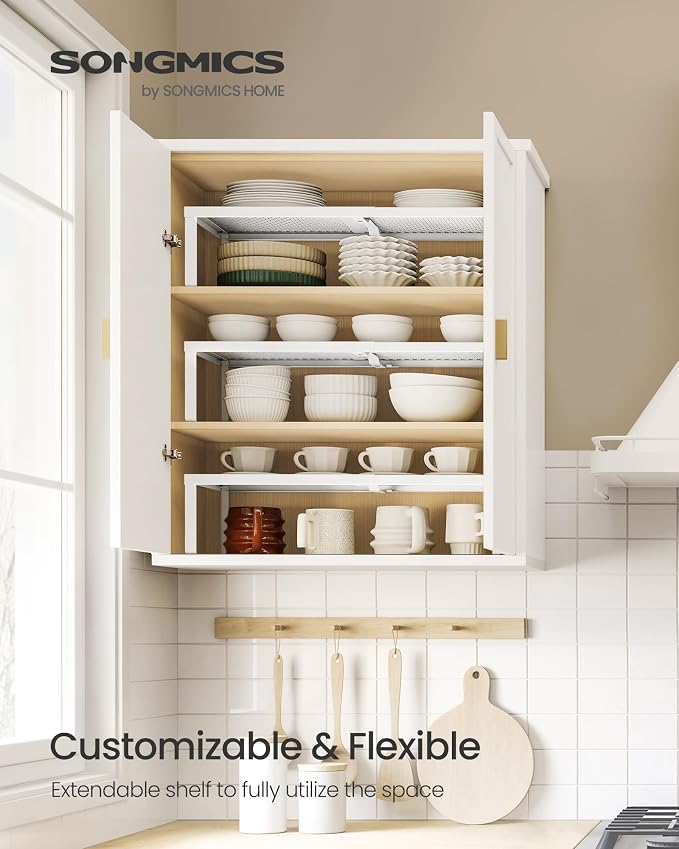 SONGMICS Spice Racks Expandable Kitchen Countertop Shelves, Metal | Set of 2 small cupboard organizers, space-saving tabletop shelves, Matte White, UKCS402W01 - Image 2