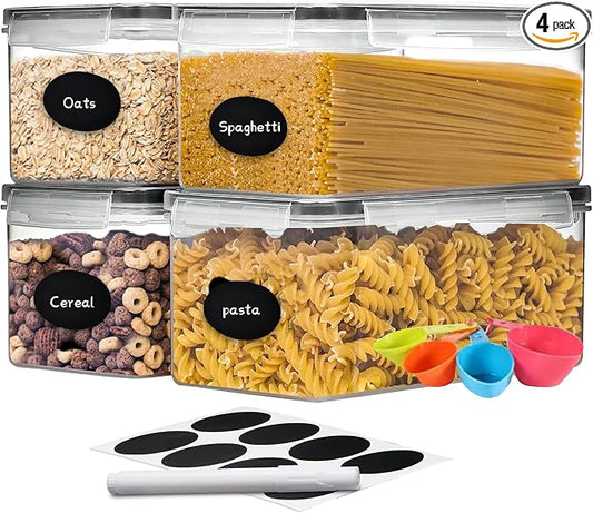 4pc 3.2L Large Airtight Plastic Canisters with Lids, Cups & Labels | Plastic Food Storage with Labels for Spaghetti, Cereal, Oats & Kitchen Pantry Organization, 4 Pack by stusgo