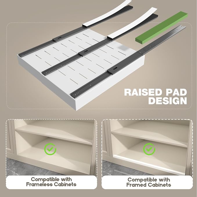 Seinloes 1 Pack Pull Out Cabinet Organizer 21" Deep,Full Extension 3 Slide Rails Slide Out Drawers With Raising Pad for Framed Cabinets,Expandable Width (12.3"-20.5"),No Drill Roll Out Shelves,White - Image 2