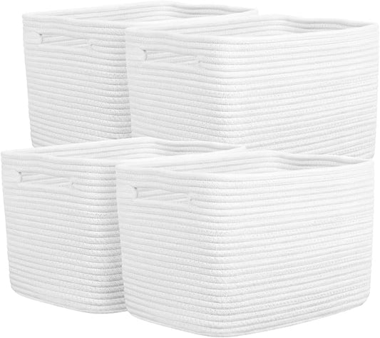 Storage Baskets for Organizing, 14 x 10 x 9” Closet Shelf Woven Baskets, Square Bins with Handles, Cotton Rope Basket for Clothes, Office, Room, White 4 Pack by Unknown