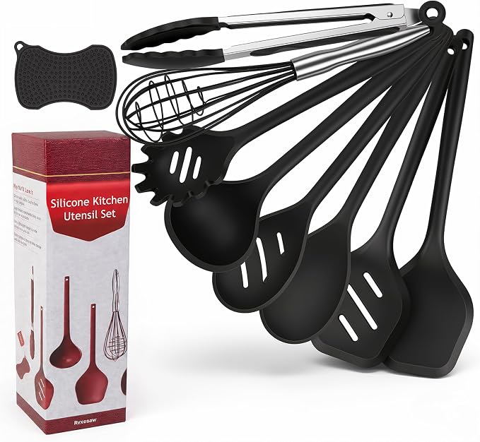 Kitchen Utensils Set,9 PCS Silicone Cooking Utensils Set Spatula Set,Non Toxic Cooking Utensils,Tongs,Spoon,Whisk,Brush,BPA Free Kitchen Gadgets for Non-Stick Cookware,Home Essential(Black-9P) by Rvxesaw