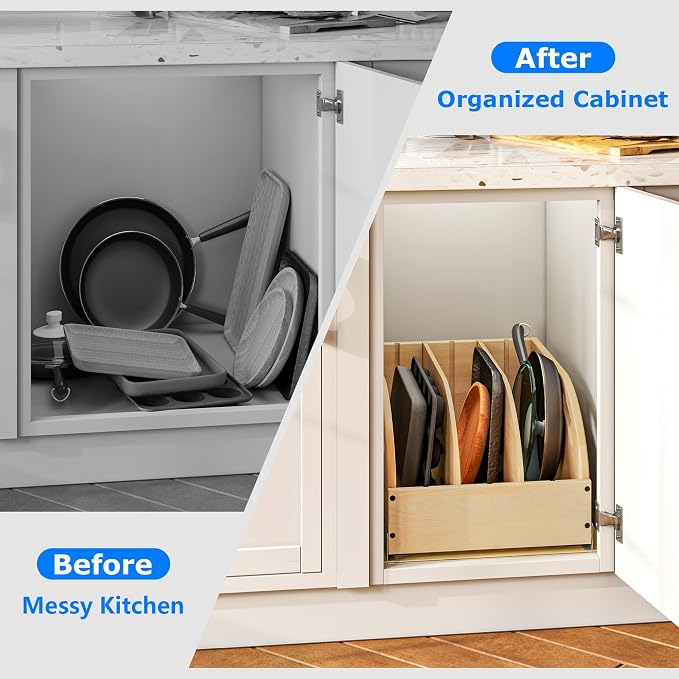 WelFurGeer Birchwood Pot and Pan Organizer with Soft-Close Drawer, Pull Out Cabinet Organizer, Heavy-Duty Slide-Out Storage for Baking Sheets, Cutting Boards, and Kitchen Utensils - Image 3