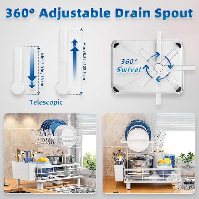 Dish Drying Rack,Stainless Steel-Dish Rack,Double Layer, | Dish Racks for Kitchen Counter, Kitchen Dish Drainers with Removable Utensil Holder,New Drain Outlet, - Image 3