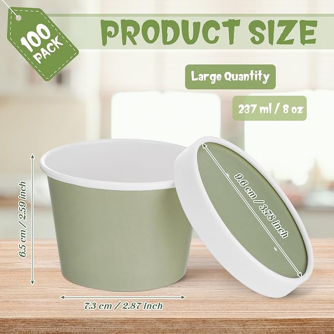Fulmoon 100 Pack Paper Soup Containers with Lids Disposable Paper Food Containers with Vented Lid Kraft Ice Cream Cake Dessert Cups Soup Bowl for Party Hot Food Fruit Microwave(8 oz,Olive Green) - Image 2