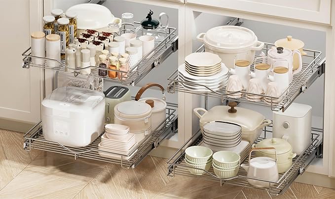 DINDON 2 Tier Pull Out Cabinet Organizer (20" W X 21" D), Double Tier Wire Basket Slide Out Shelf Storage for Kitchen Base Cabinet Organization ​for Kitchen, Pantry, Bathroom, Chrome - Image 8