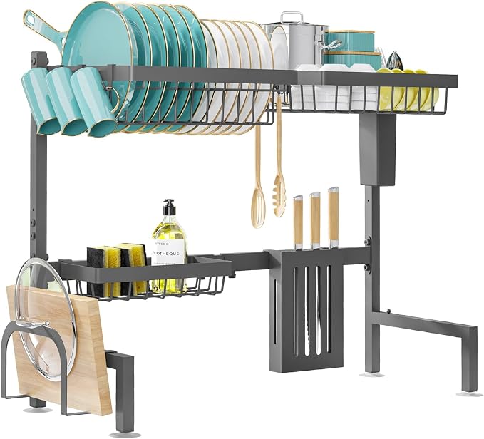 Sakugi Over The Sink Dish Drying Rack - Adjustable 2 Tier Large Capacity Stainless Steel Drainer with Cutlery & Utensil Holders, Kitchen Storage & Organization, 30"-33.9" L x 11" W x 21.5" H, Gray - Image 4
