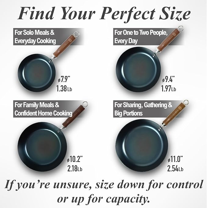 Crafted in Japan. Trusted by Chefs. Japanese Carbon Steel Frying Pan, 9.4 inch – Precision-Formed, Pre-Seasoned & Lightweight, Chef-Designed for High-Heat Control (9.4 inches) - Image 9