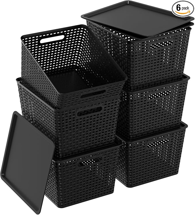 Ggbin 6-Pack Large Plastic Weave Basket with Lid, Black Storage Basket Bins by Ggbin