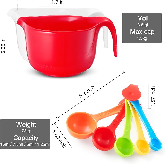 Large Mixing Bowls with Handles 3.6 qt - 2 Pc Plastic Nesting Bowls for Kitchen, Lightweight Batter Bowls, Easy to Clean + 5 Measuring Spoons Set - Image 6