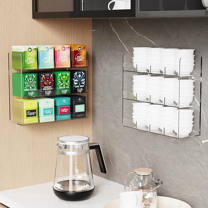 Acrylic Tea Bag Organizer, 3 Layers Tea Bag Holder for Tea Packets, Wall Mount Display Tea Caddy for Countertop or Cabinet, 12 Slots, Clear Acrylic - Image 6