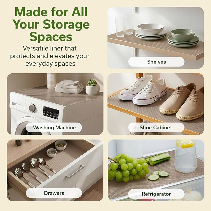 EVALAND Shelf Liner Cabinet Liner Non-Adhesive Drawer Liner 12 in x 33 FT | Non-Slip, Washable, Waterproof, Fridge Liners, Contact Paper, Shelf Liners for Cabinets, Kitchen, Refrigerator, Beige - Image 4
