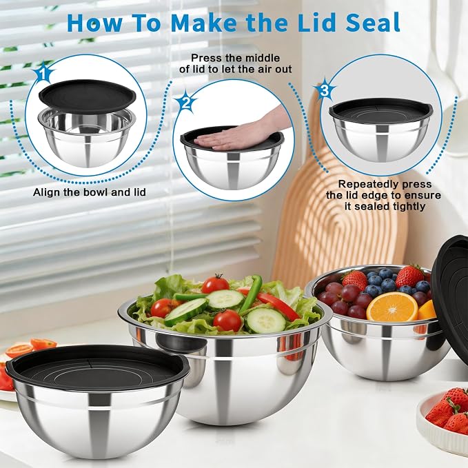 7 Pack Stainless Steel Mixing Bowls with Airtight Lids Set | 4.5qt, 4, 3.5, 2.1, 1.5, 1.1, 0.7QT, Nesting Design Metal Mixing Bowls Salad Bowl for Mixing, Prepping and Serving Food - Image 4