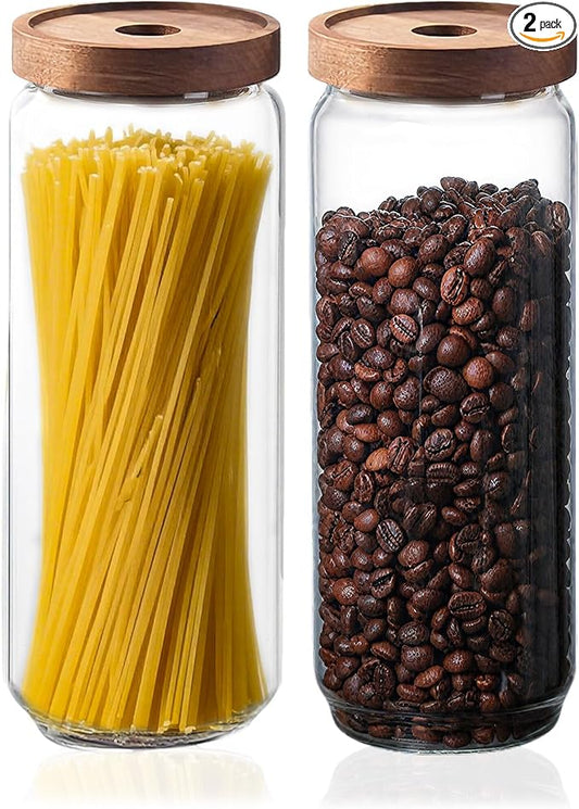 Glass Jars with Airtight Wood Lids - 57 OZ Large Tall Kitchen Pantry Storage Containers, Decorative Canister for Pasta, Spaghetti, Fusilli, Noodles, Coffee Beans, Oats, Cereal, Tea, Nuts, Set of 2 by PENGSHU