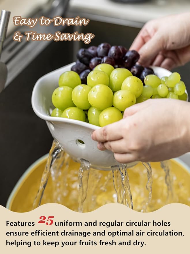 Gomakren Fruit Basket Set of 2, Ceramic Fruit Bowl Berry Basket with Holes, 7.6 Inch Fruit Containers Colander for Fridge - Farmhouse Kitchen Decor, Cream White - Image 4