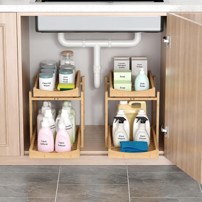 MHXW SXPN Bamboo Under Sink Organizer, 2 Pack Pull Out Cabinet Organizer | 2 Tier Vertical Smooth Slide Out Undersink Storage Shelf | Multi-Purpose Organizer Shelves for Kitchen Bathroom Medicine - Image 5