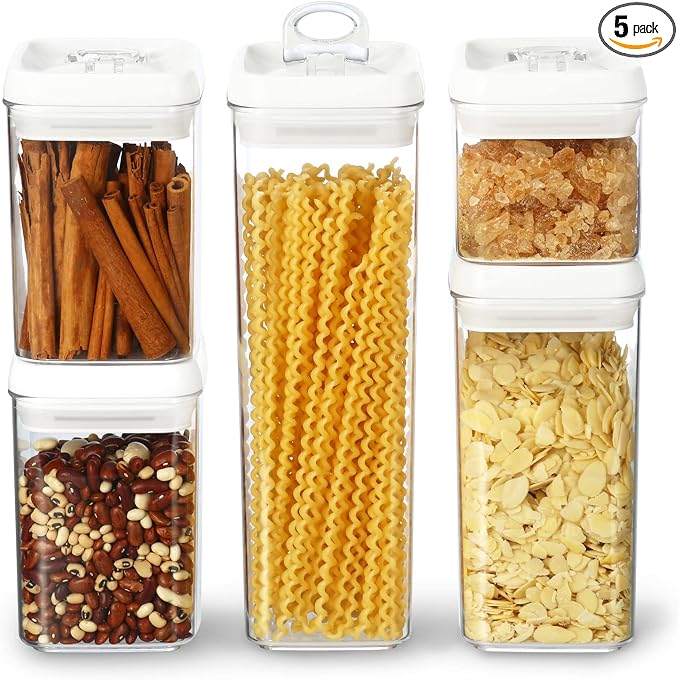 Felli Flip Tite Storage Container with Lid 4" Airtight Ring Seal Top, Stackable Acrylic Canister Jar Set for Kitchen Pantry Organizer, Food Spice Pasta Snack (5pk, Variety) by Felli