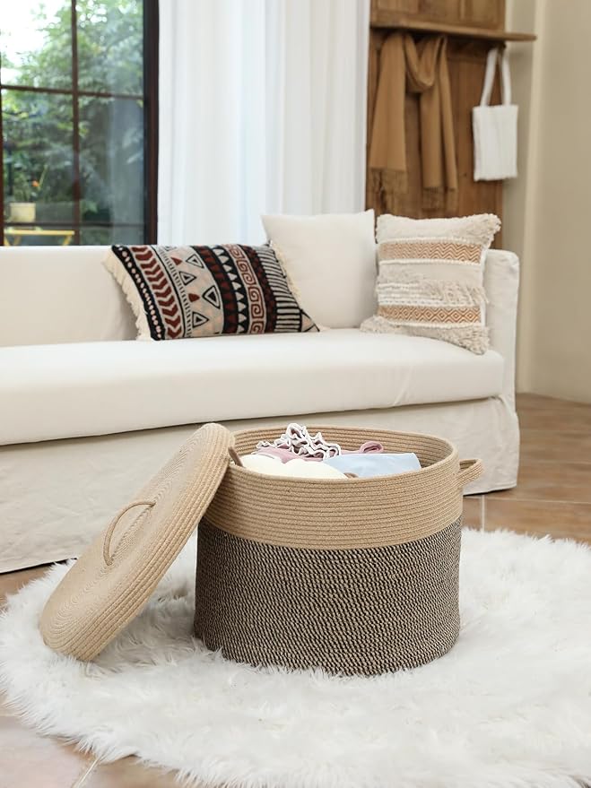 20x15 Inch Extra Large Round Cotton Rope Storage Basket with Lid, Decorative Woven Bin with Cover for Living Room Bedroom Closet, Jute & Black Mix - Image 5