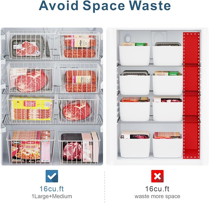 Freezer Organizer Bins - For 16/17/21 Cu Ft Upright Freezer, 4 Pack | Wire Baskets 2 Large & 2 Medium Sizes, Slide-Out for Easy Access, Prevent Food Falling Out, Keep Stand-Up Freezer Tidy, White - Image 4