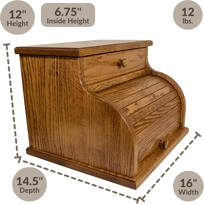 DutchCrafters Amish USA Made Solid Wood Countertop Bread Box with Drawer, Bread Holder for Kitchen Counter, Large Bread Box for Kitchen Countertop (Oak - Medium Walnut) - Image 2