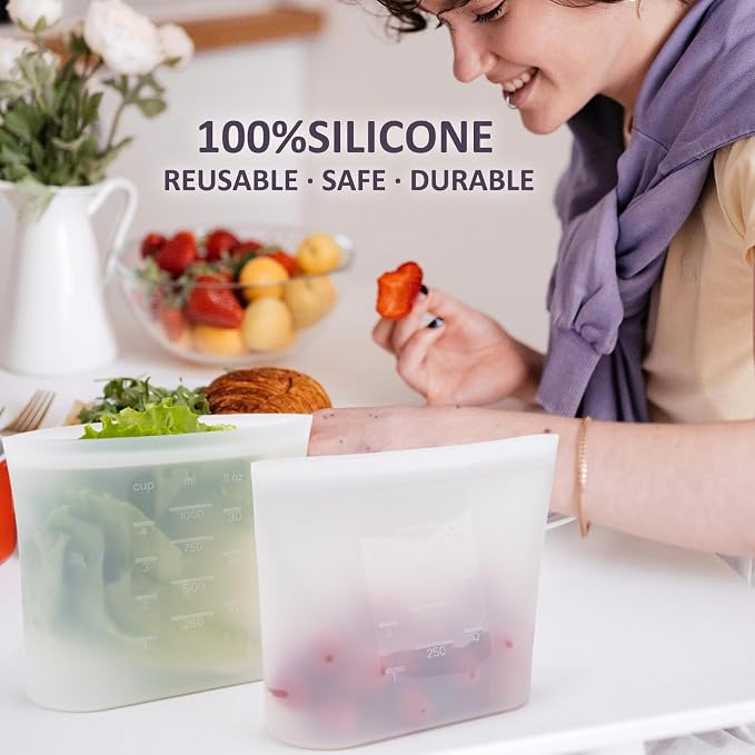 Small Reusable Silicone Food Storage Bags 4 Pack, 33fl oz/1000ml, 100% Silicone Stand-Up Wide-Open Zip-Lock Reusable Bags for Small Items, Microwave Freezer Oven Dishwasher Safe, Translucent - Image 2