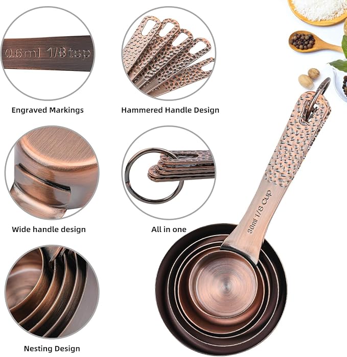 Copper Measuring Cups and Spoons Set 19 for Kitchen and Baking, Dry & Liquid, Metal Metric&US Measuring Cups and Spoons Set for Dry and Liquid - Image 3