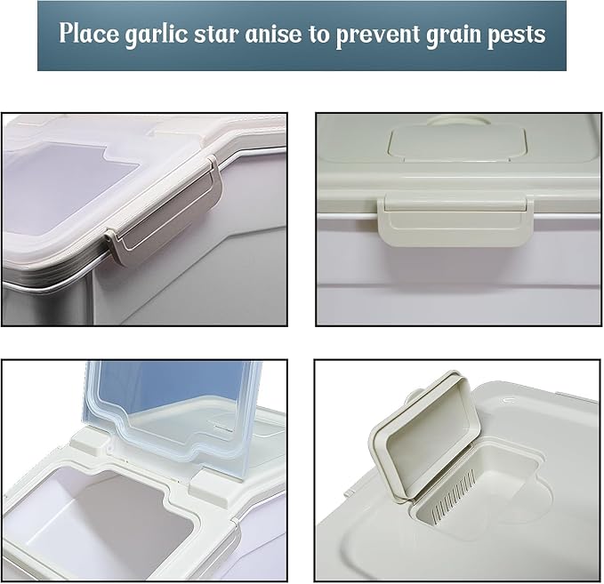 AnRui Rice Storage Container 50LB, Airtight Flour Storage Containers, Plastic Cereal Grain Dispenser Organizer Pet Food Storage Bin with Lid, Measuring Cup, Scoop, Gray, 2Pcs(Total Capacity:100LBS) - Image 5