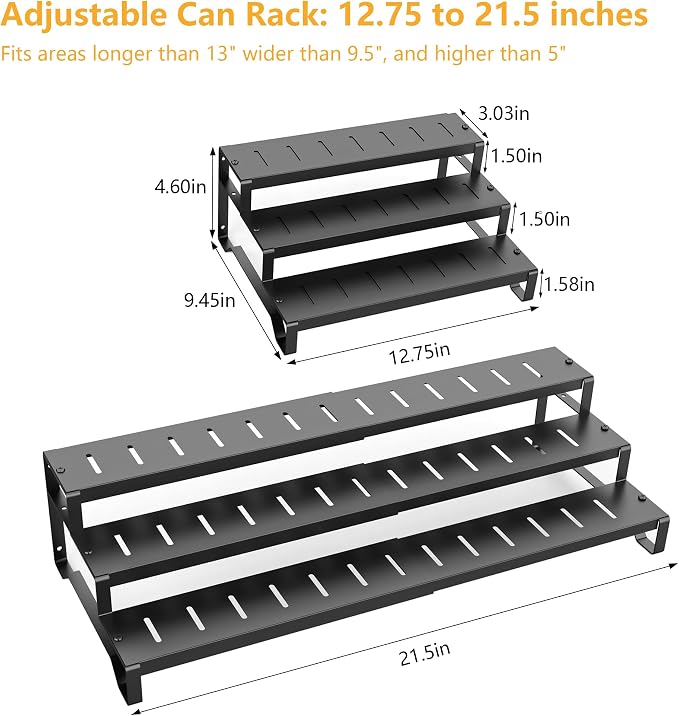 Expandable Can Organizer for Pantry, 3 Tier Metal Canned Food Storage 2Pack | 13"-21" Adjustable Length, Tiered Reversible Shelf Design, Large-Capacity Storage for Kitchen Cabinets & Countertops - Image 2