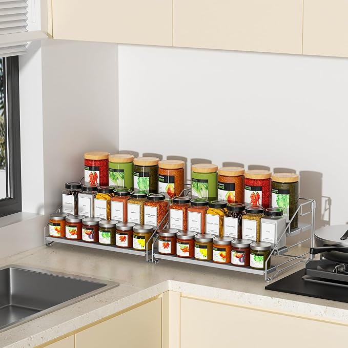 BOIVSHI Spice Rack for Cabinet, 4 Tier Spice Rack, Space-saving, Gray | Metal Spice Shelf Depth Adjustable, 2 Pack Spice Organizer for Cabinet, Countertop, Pantry, Tool-free and Screw-free Assembly - Image 9