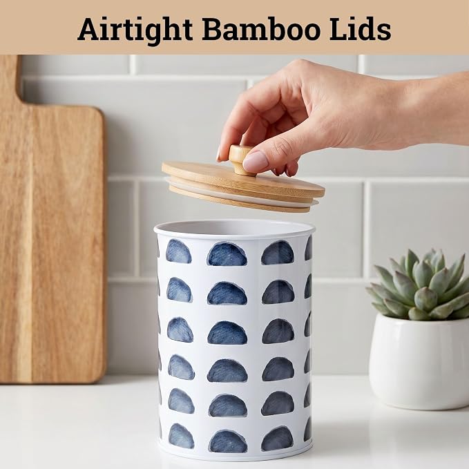 Kitchen Canisters for Countertop Set of 4, Patterned Iron w/ Airtight Lids | Airtight Easy Open Bamboo Lids - Dent-Resistant Thick Metal - Sturdy Comfortable Bamboo Handles - Unique Printed Pattern - Image 4