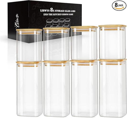 LIBWYS 8-Pack Square Glass Storage Jars with Bamboo Lids (0.6Qt/1.06Qt) | Stackable Dry Food Containers for Pantry Organization, Coffee, Flour, Snacks, Tea, Sugar | Kitchen Canisters Set by LIBWYS