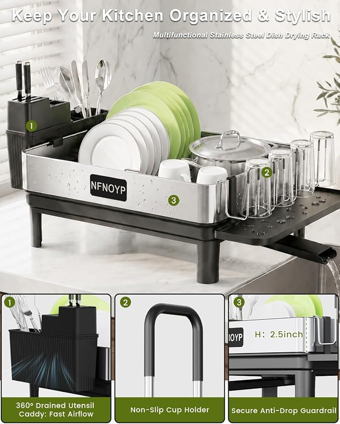 Dish Drying Rack, 304 Stainless Steel Dish Rack and Drainboard Set, Rustproof Dish Drainer with Anti-Pooling Automatic Drainage, Large Capacity Kitchen Counter Organizer, Black - Image 5
