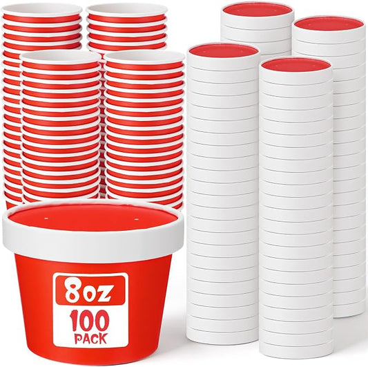 Fulmoon 100 Pack Paper Soup Containers with Lids Disposable Paper Food Containers with Vented Lid Kraft Ice Cream Cake Dessert Cups Soup Bowl for Party Hot Food Fruit Microwave(8 oz,Red) by Fulmoon