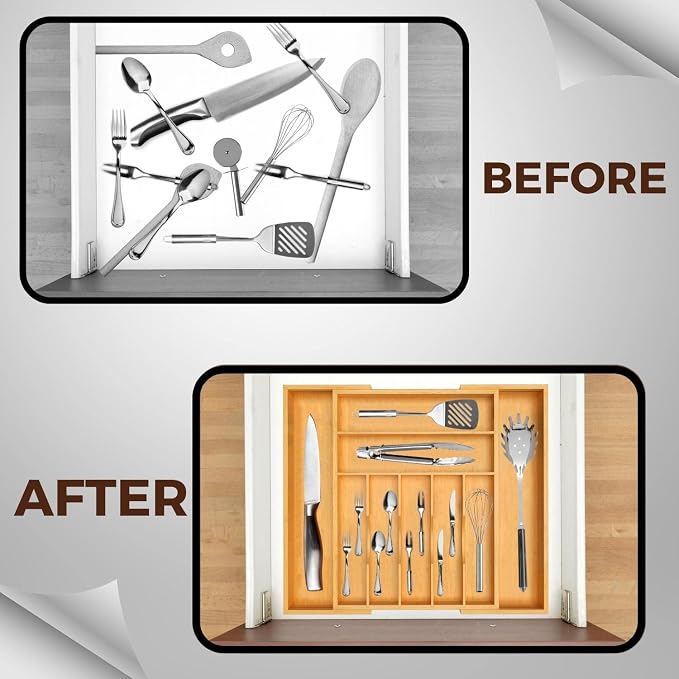 Bamboo Kitchen Utensil Organizer, Expandable Silverware Organizer for Kitchen Drawers, Premium Wood Drawer Organizers, Silverware Holder Tray for Drawers Flatware-Cutlery Organizer for Drawer - Image 7
