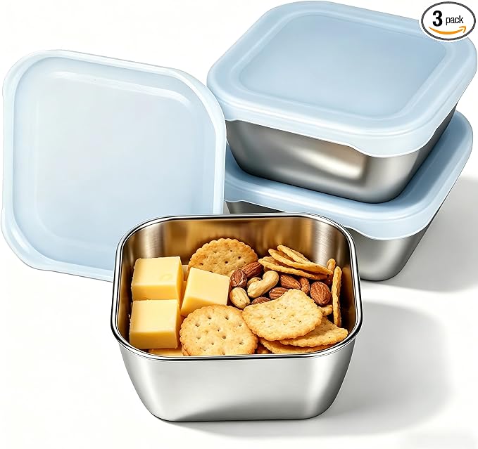3 Pack 13.53 oz (400 ml) 304 Stainless Steel Snack Container – Leak-Proof, Grill & Oven Safe, Freezer & Dishwasher Safe, BPA-Free Silicone Lid, for Snacks, BBQ, Lunch, Camping, Baking by Unknown